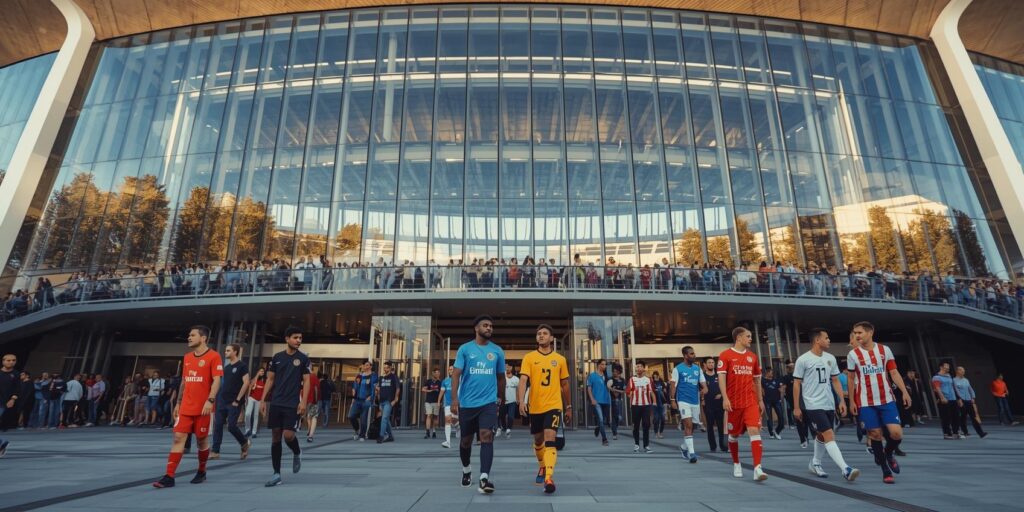 Fans in different jerseys entering a FIFA World Cup 2026 stadium with large digital logo